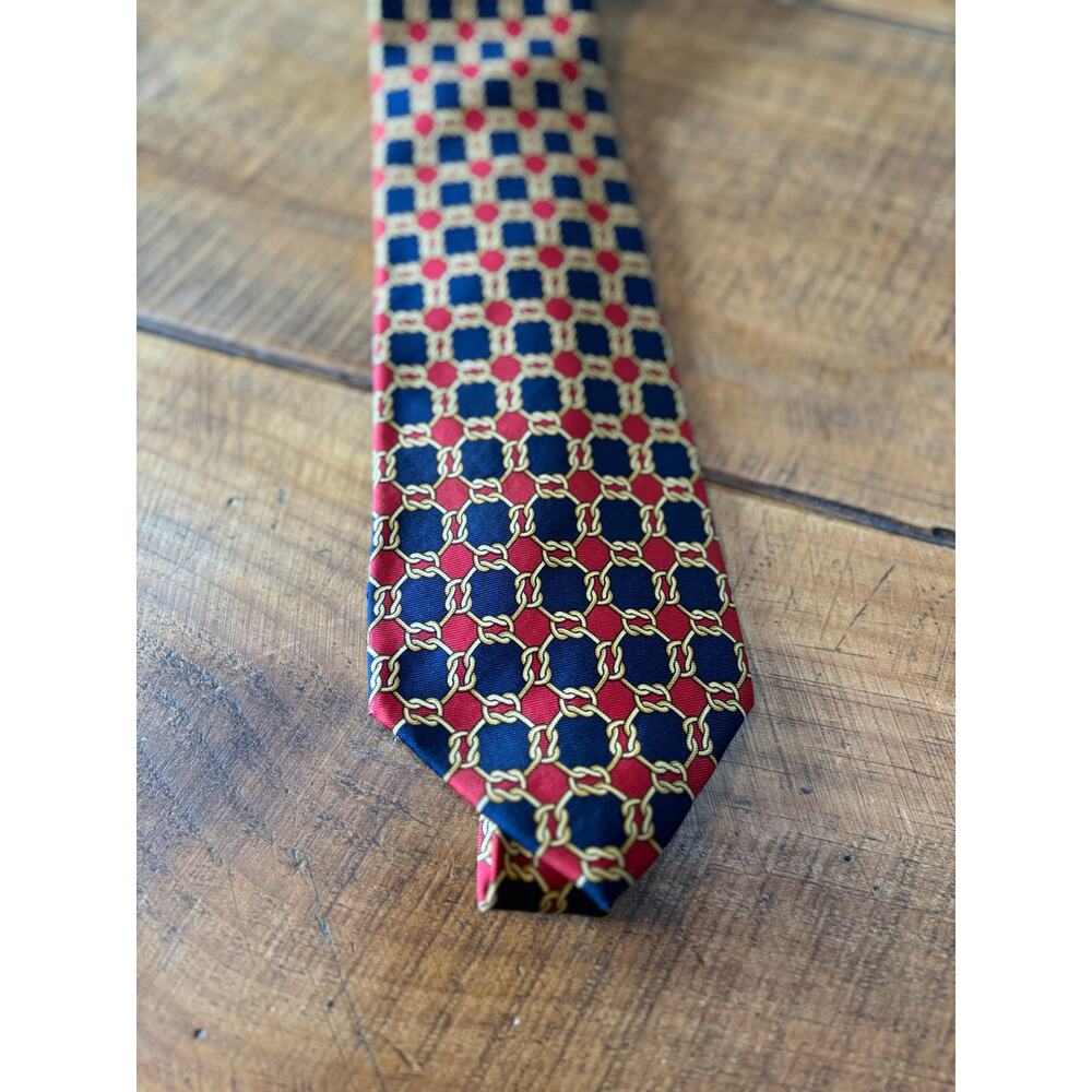Paolo Gucci‎ Classico 100% Silk Navy Red Geometric Chain-Link Necktie Italy - Picture 2 of 6